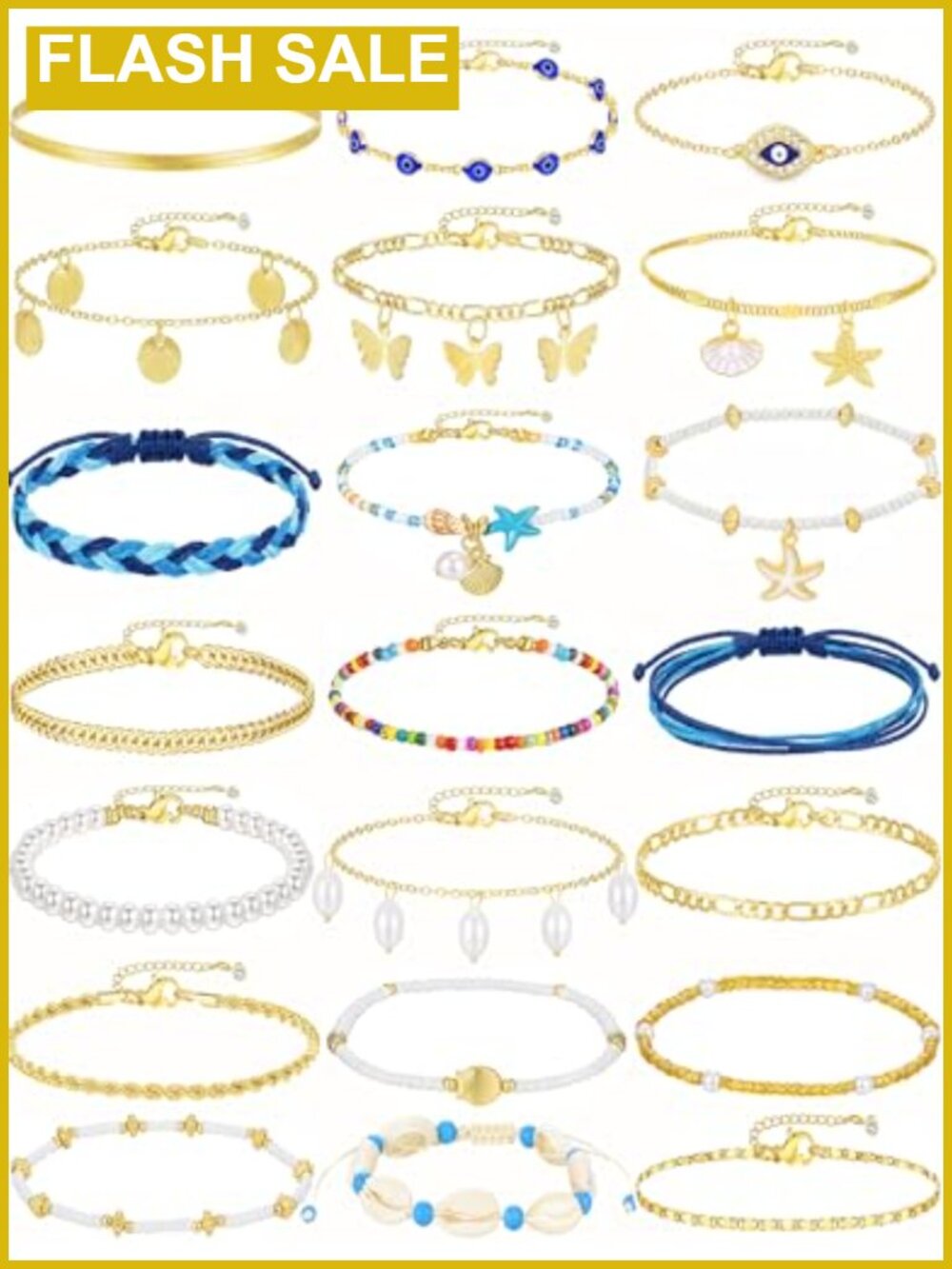 14K Gold Plated Anklet Set 21 Pcs Adjustable Layered Ankle Jewelry